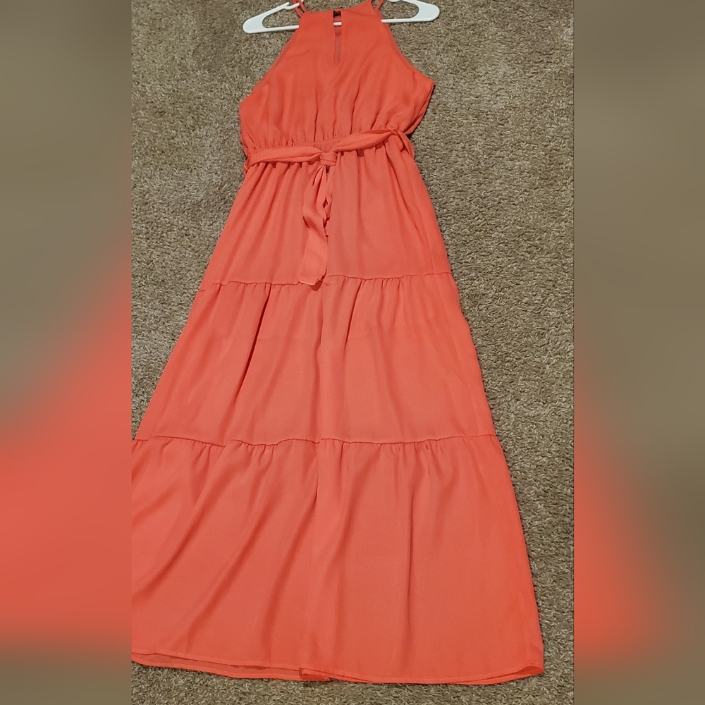 NWOT Bright Coral Sleeveless Flowy Maxi Dress With Tie - Picture 5 of 6